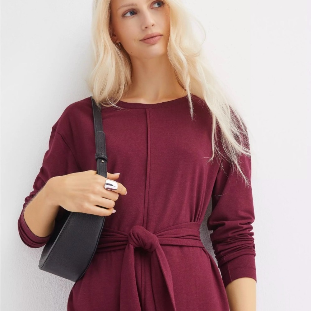 LOFT Heather Tie-Waist Long Sleeve Mini Dress, Plum S NWOT - Picture 3 of 13